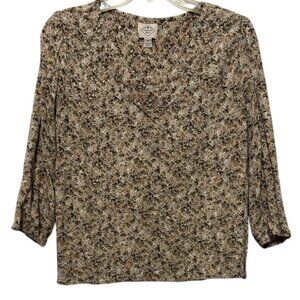St. John's Bay Tan & Brown Floral V-Neck 3/4 Sleeve Blouse, Women’s Medium